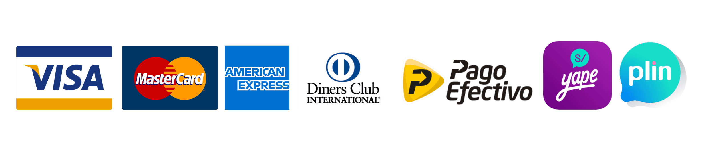 Aceptamos Visa, Mastercard, American Express, Diners Club, PagoEfectivo, Yape y Plin